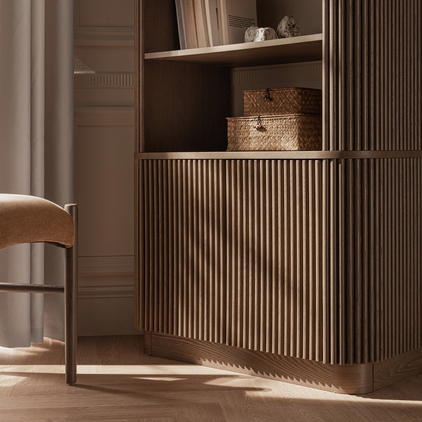 Maru Bookcase with Cabinet, Silver Oak