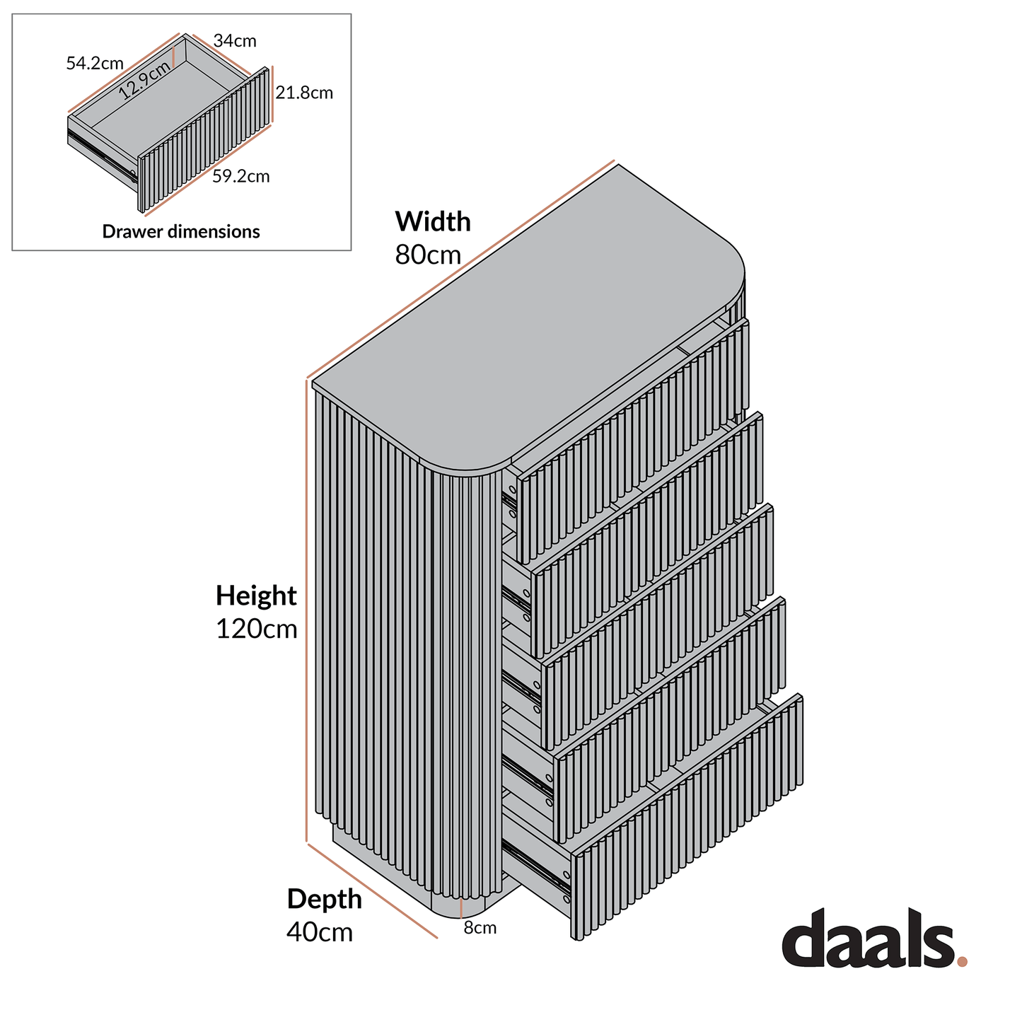 Maru Chest of 5 Drawers, Washed White