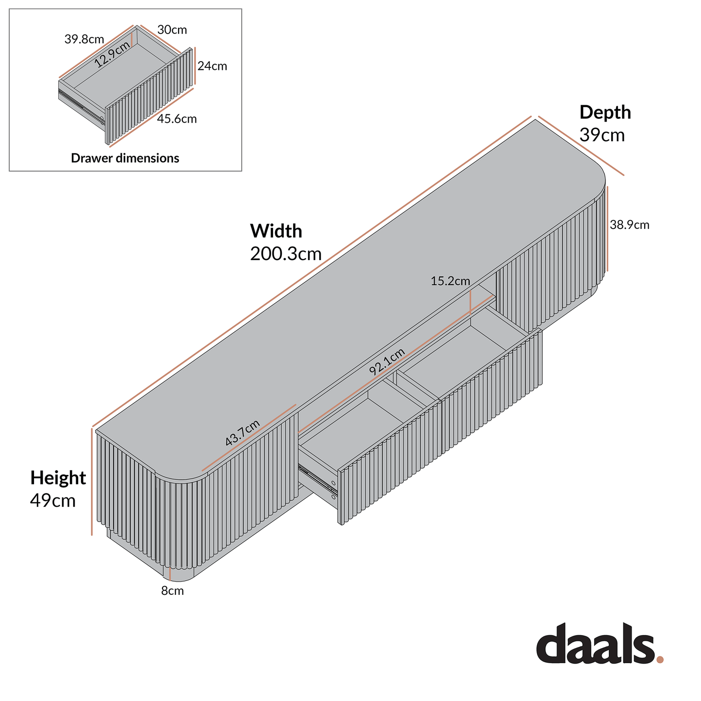 Maru 200cm Wide TV Unit with Drawers, Washed White