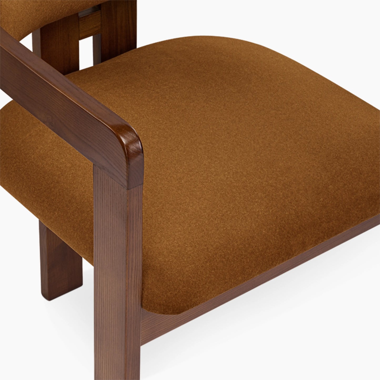 Hallie Wooden Carver Dining Chair | Caramel Brown Sustainable Mohair Velvet & Walnut
