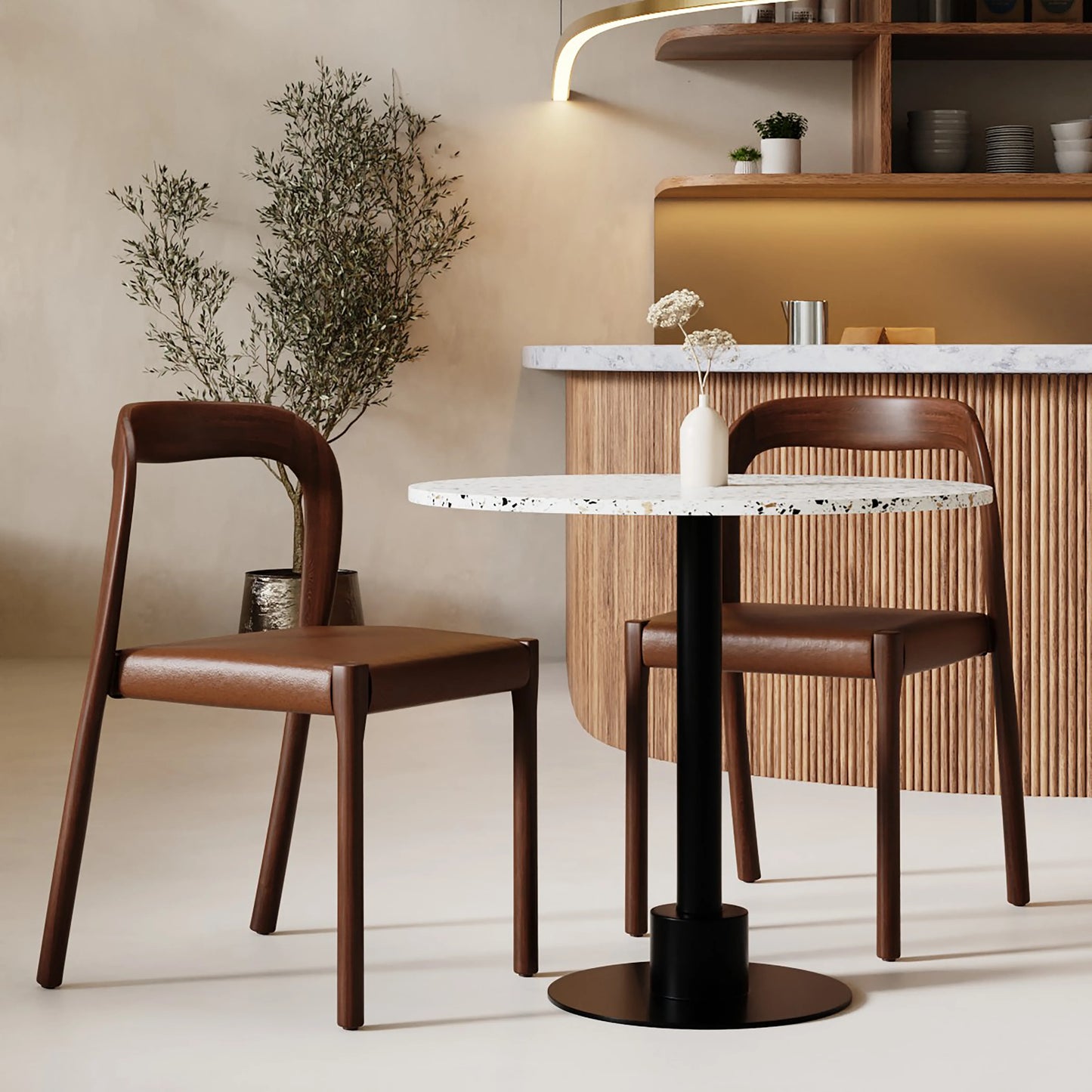 Madeleine Stackable Wooden Dining Chair | Vintage Tan Faux Leather & Walnut