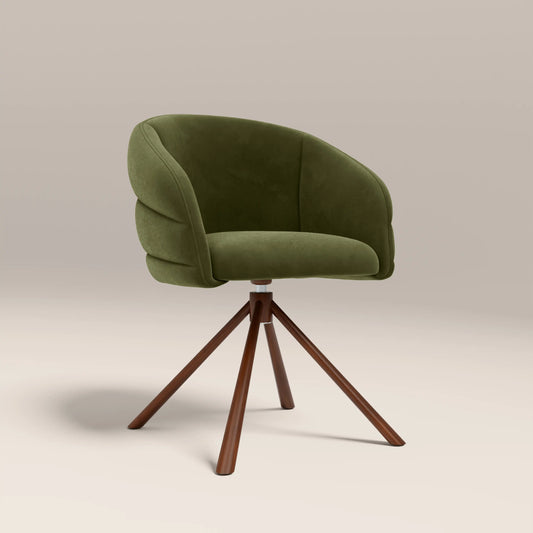 Frankie Swivel Carver Dining Chair | Olive Green Sustainable Velvet & Walnut