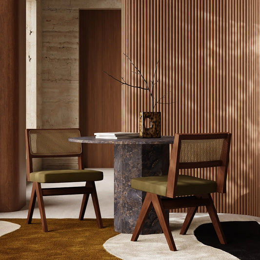 Cary Wooden Dining Chair | Moss Green Sustainable Mohair Velvet & Walnut