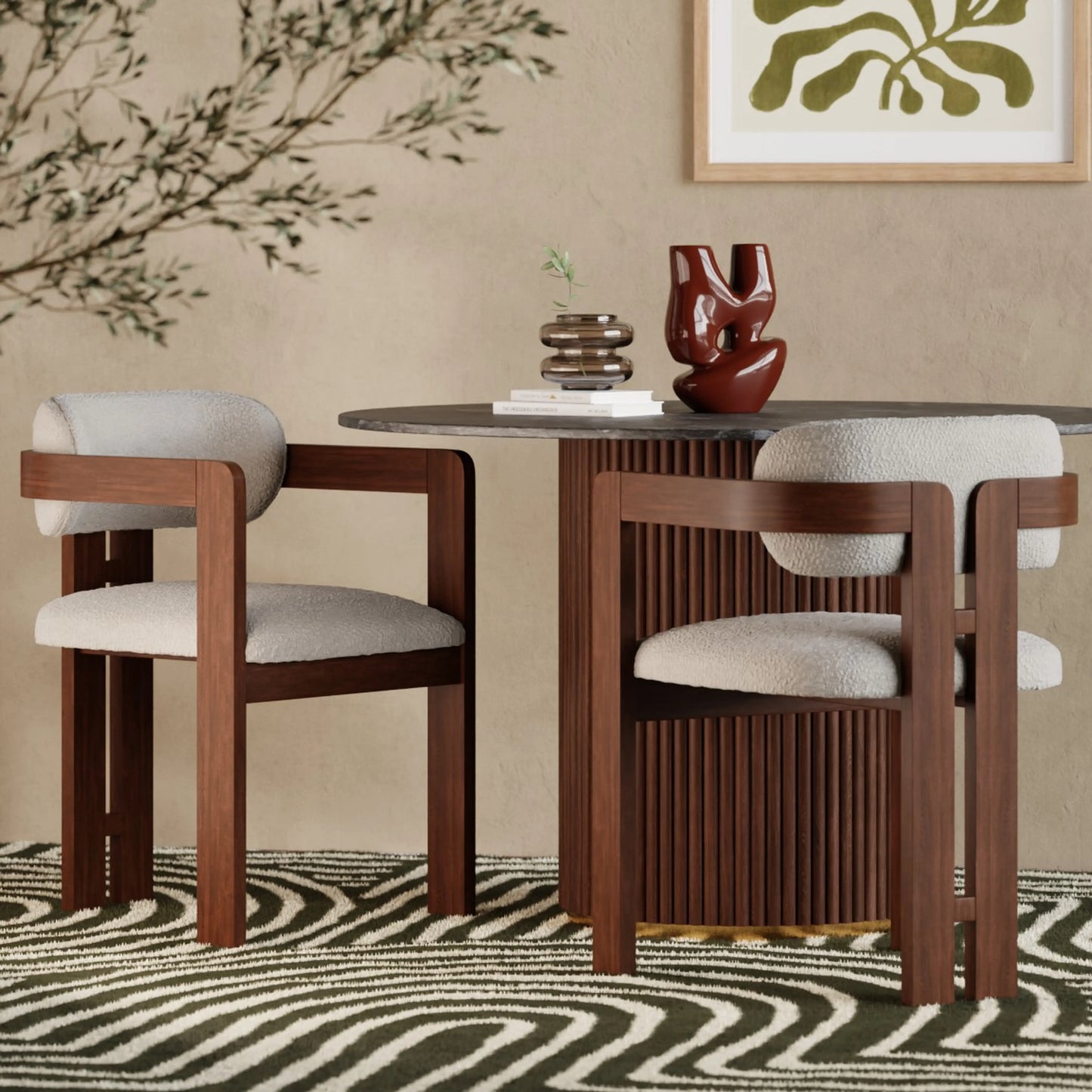 Hallie Wooden Carver Dining Chair | Speckled Stone Sustainable Boucle & Walnut