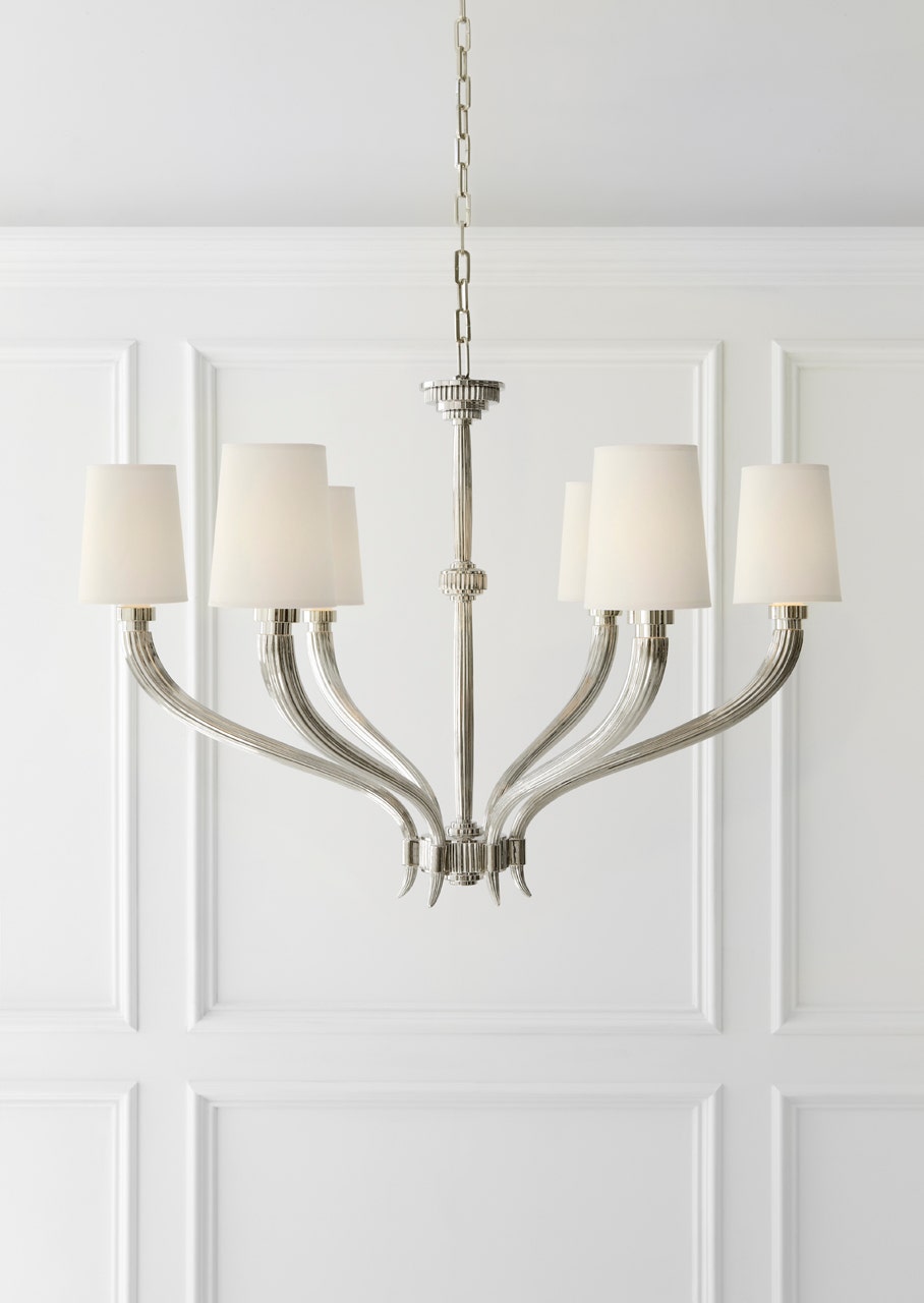 Ruhlmann Large Chandelier - Polished Nickel with Linen Shades