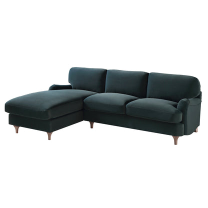 Daphnis Aegean Blue Velvet Sofa, Grande Chaise Sofa Left Hand Facing