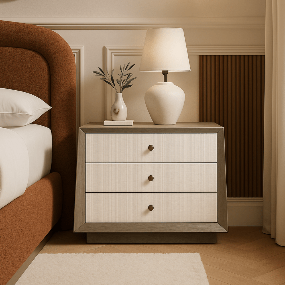 Otilia Bedside Table - Silver Grey & Off White Crown Cut