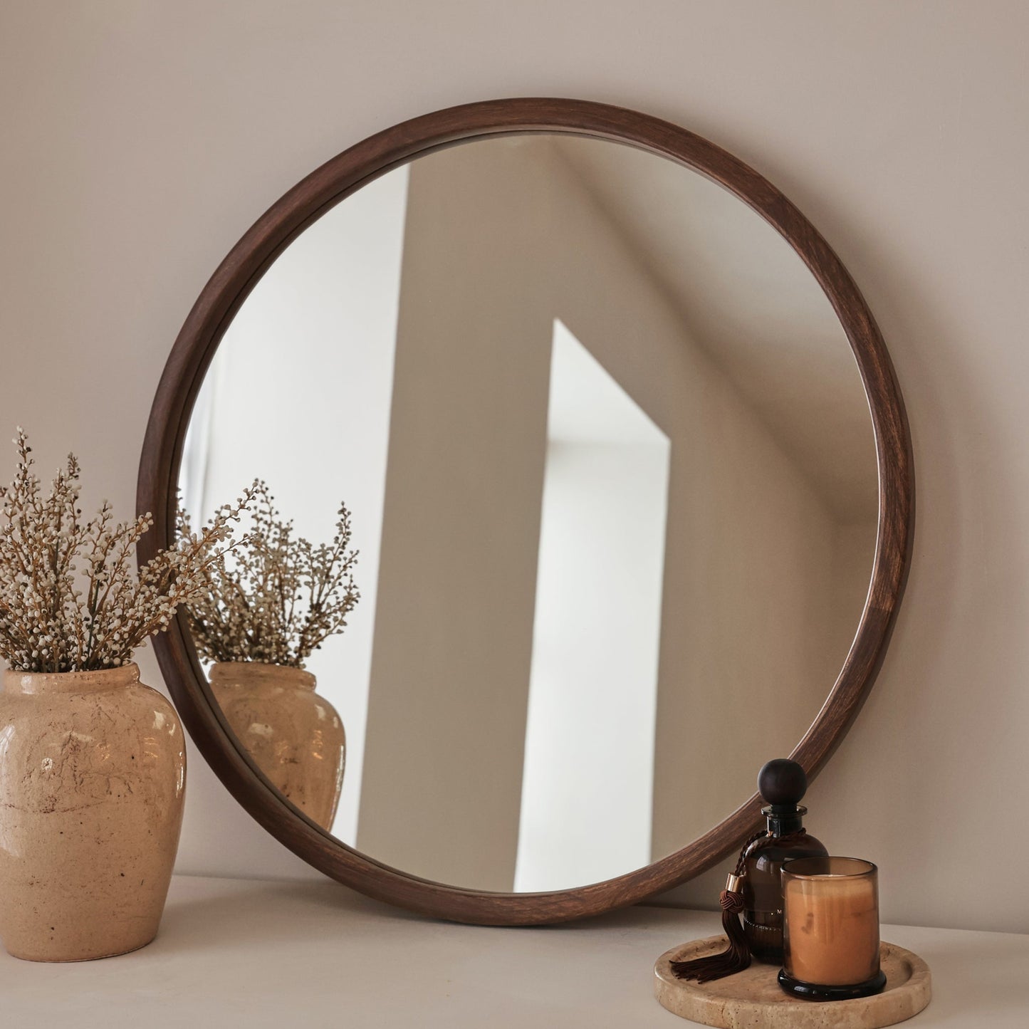 Arden - Dark Wood Round Wooden Wall Mirror 70cm x 70cm