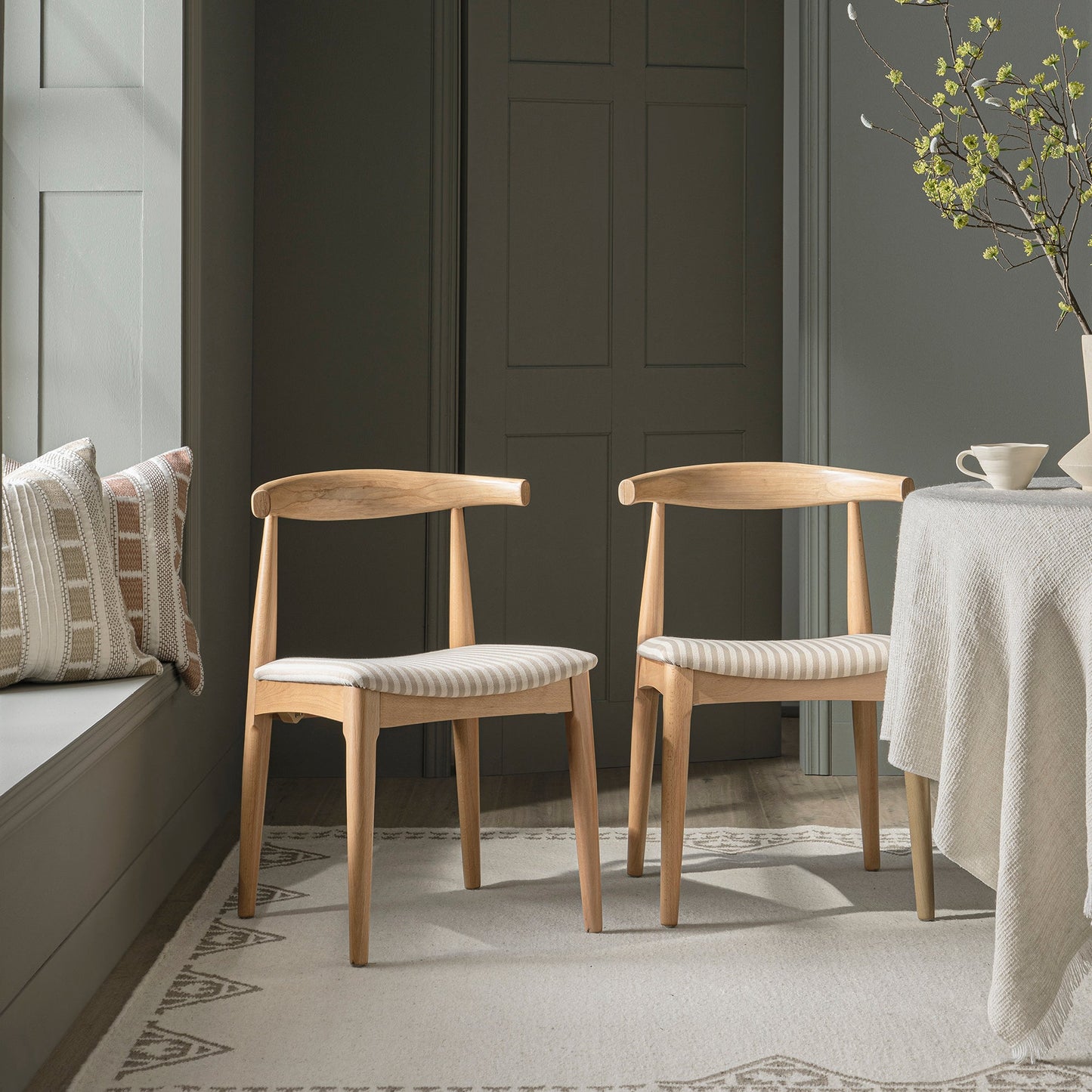 Arley Set of 2 Beech Wood Dining Chairs, Natural and Light Taupe Striped