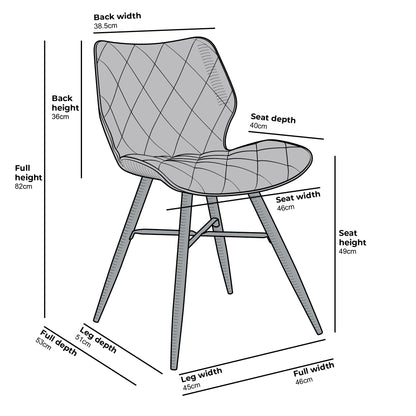 Set of 2 Ampney Diamond Stitch Light Grey Velvet Dining Chair Set of 2 with Metal Legs