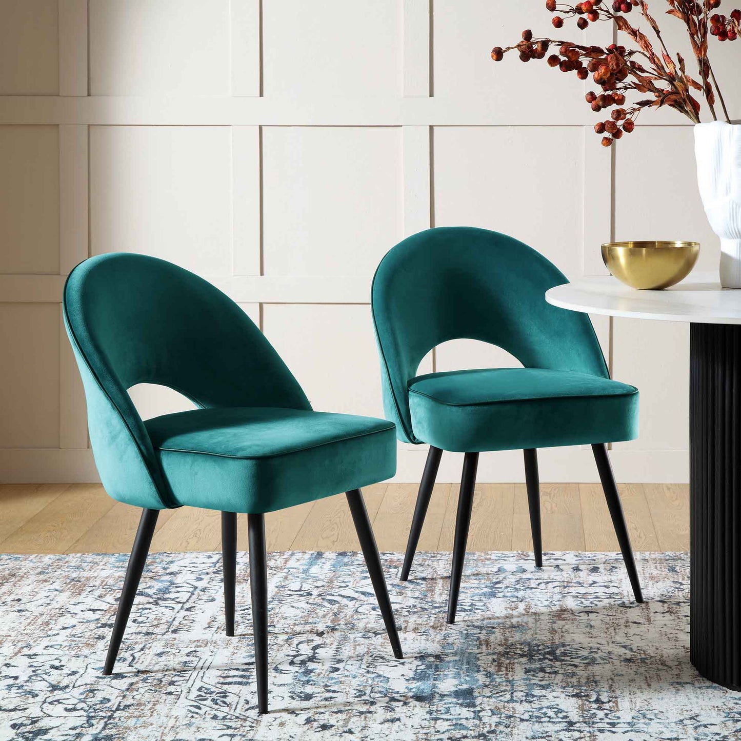 Oakley Set of 2 Teal Velvet Upholstered Dining Chairs with Contrast Piping