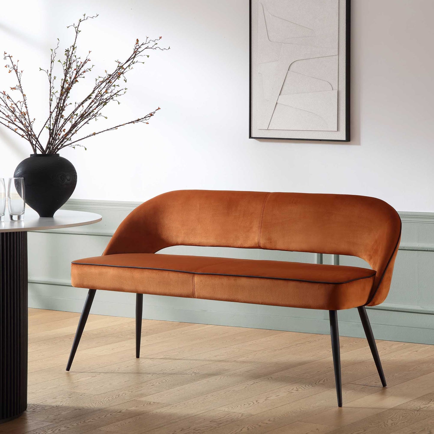 Oakley Orange Velvet Upholstered 3 Seater Dining Bench with Contrast Piping