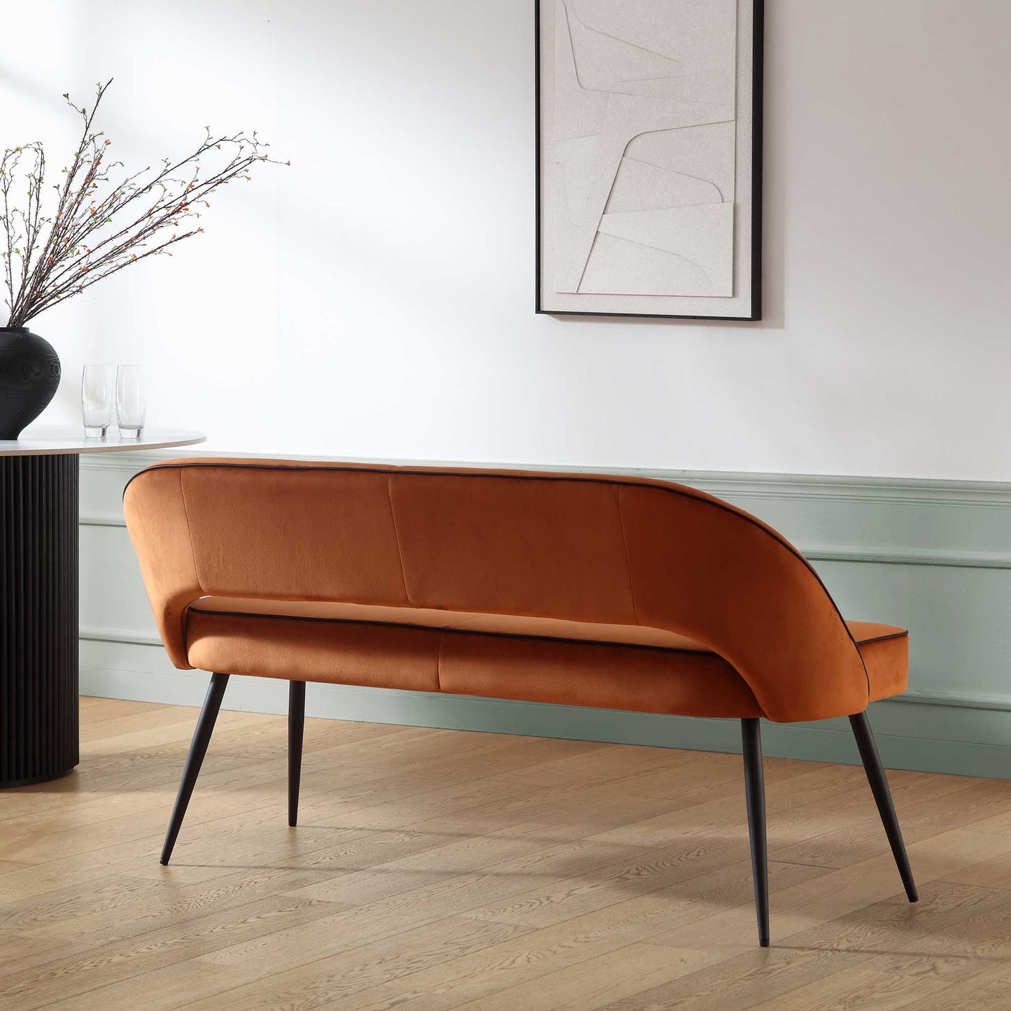 Oakley Orange Velvet Upholstered 3 Seater Dining Bench with Contrast Piping
