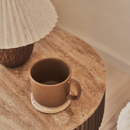 Sloane - Beige Travertine Round Warm Wood Premium Side Table