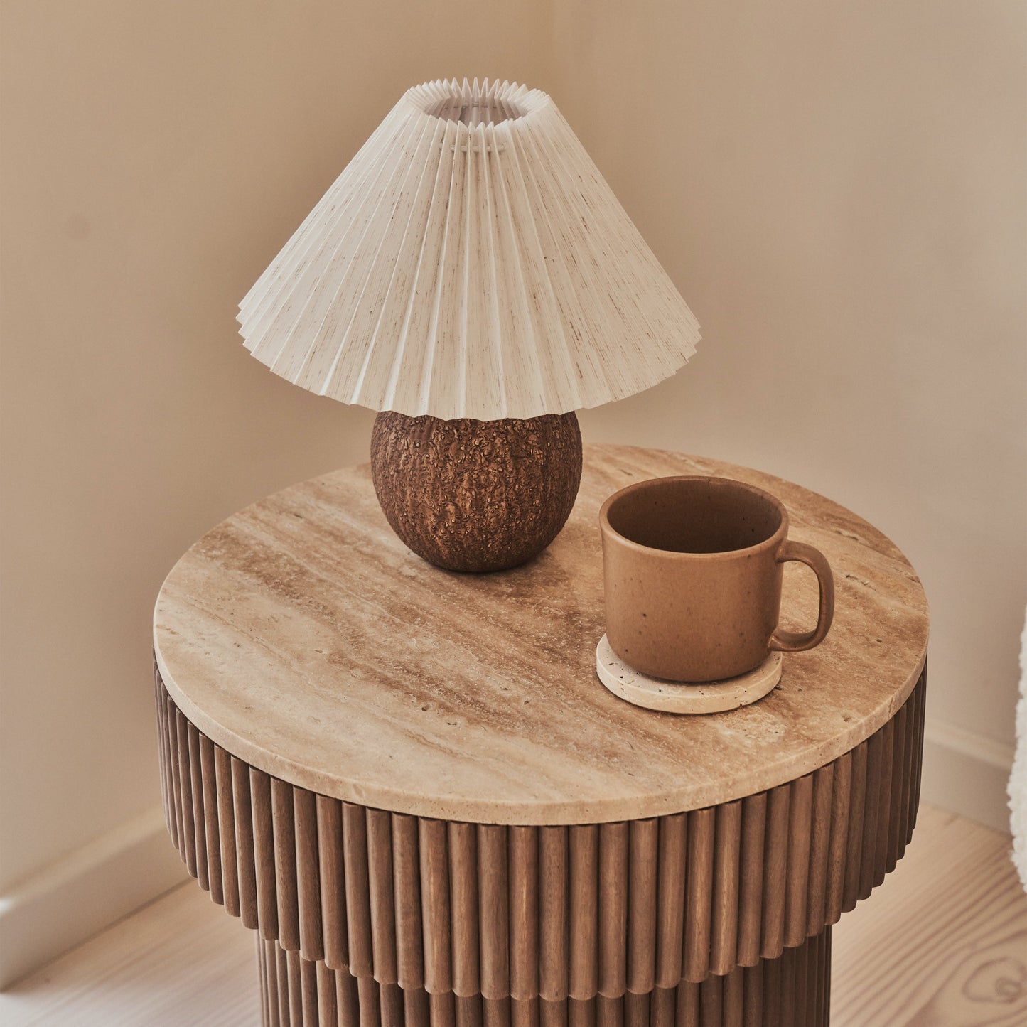 Sloane - Beige Travertine Round Warm Wood Premium Side Table