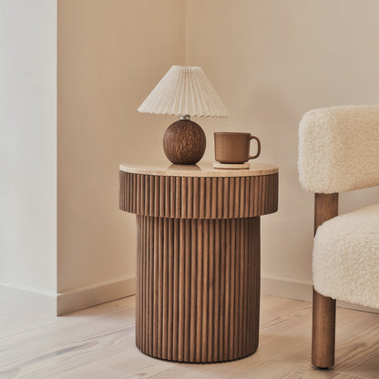 Sloane - Beige Travertine Round Warm Wood Premium Side Table