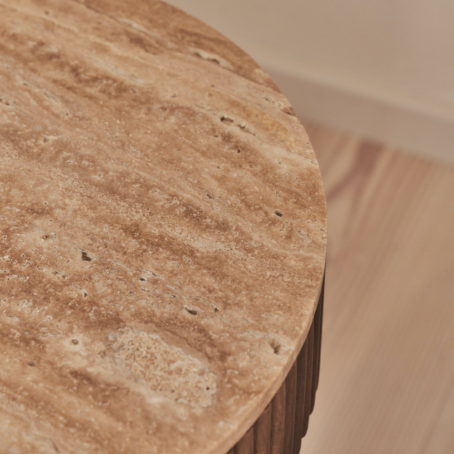 Sloane - Beige Travertine Round Warm Wood Premium Side Table