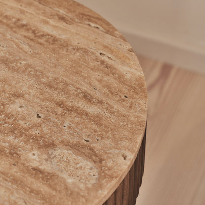 Sloane - Beige Travertine Round Warm Wood Premium Side Table