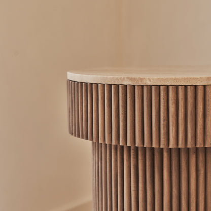Sloane - Beige Travertine Round Warm Wood Premium Side Table