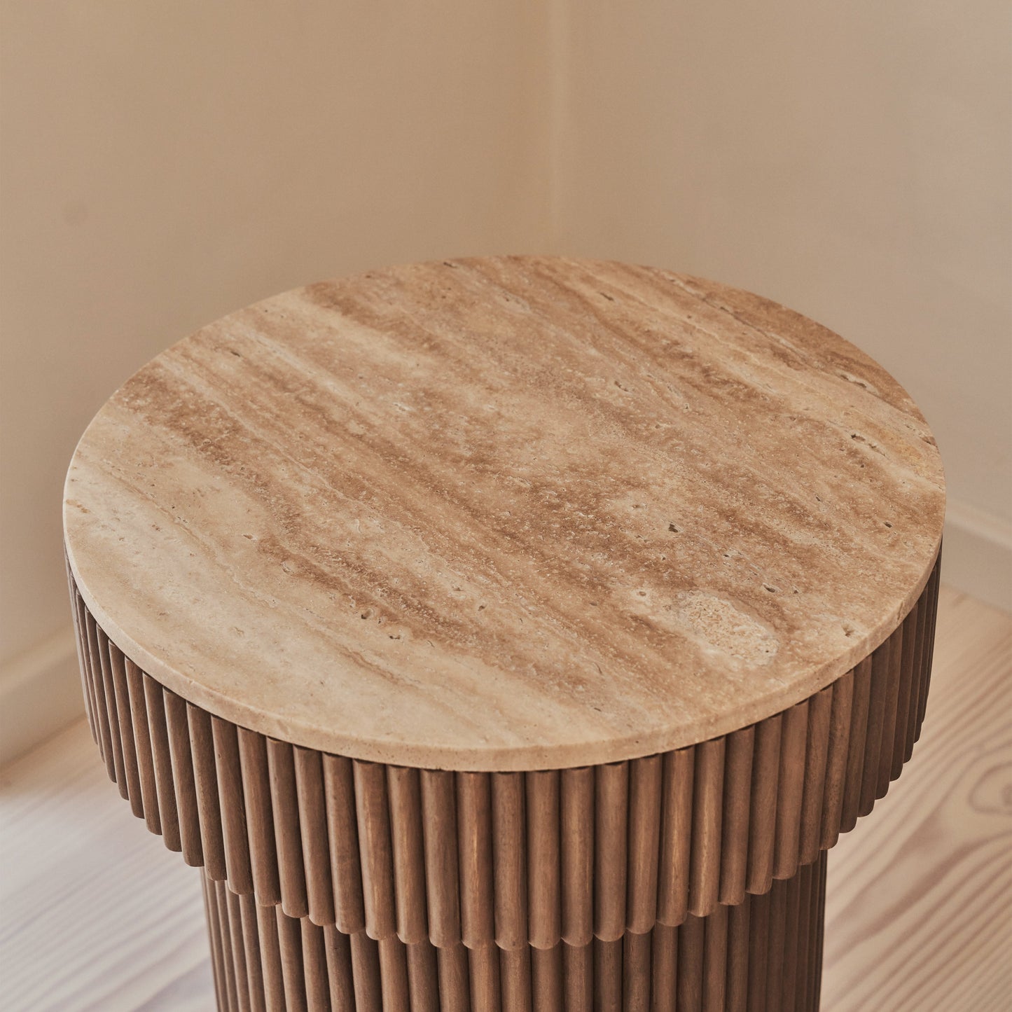Sloane - Beige Travertine Round Warm Wood Premium Side Table