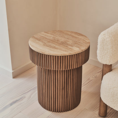 Sloane - Beige Travertine Round Warm Wood Premium Side Table