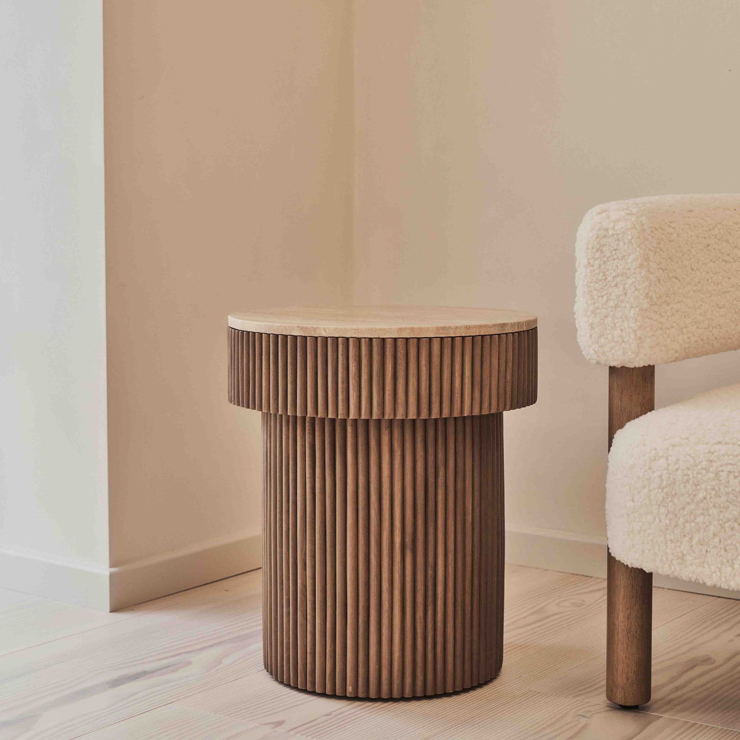 Sloane - Beige Travertine Round Warm Wood Premium Side Table
