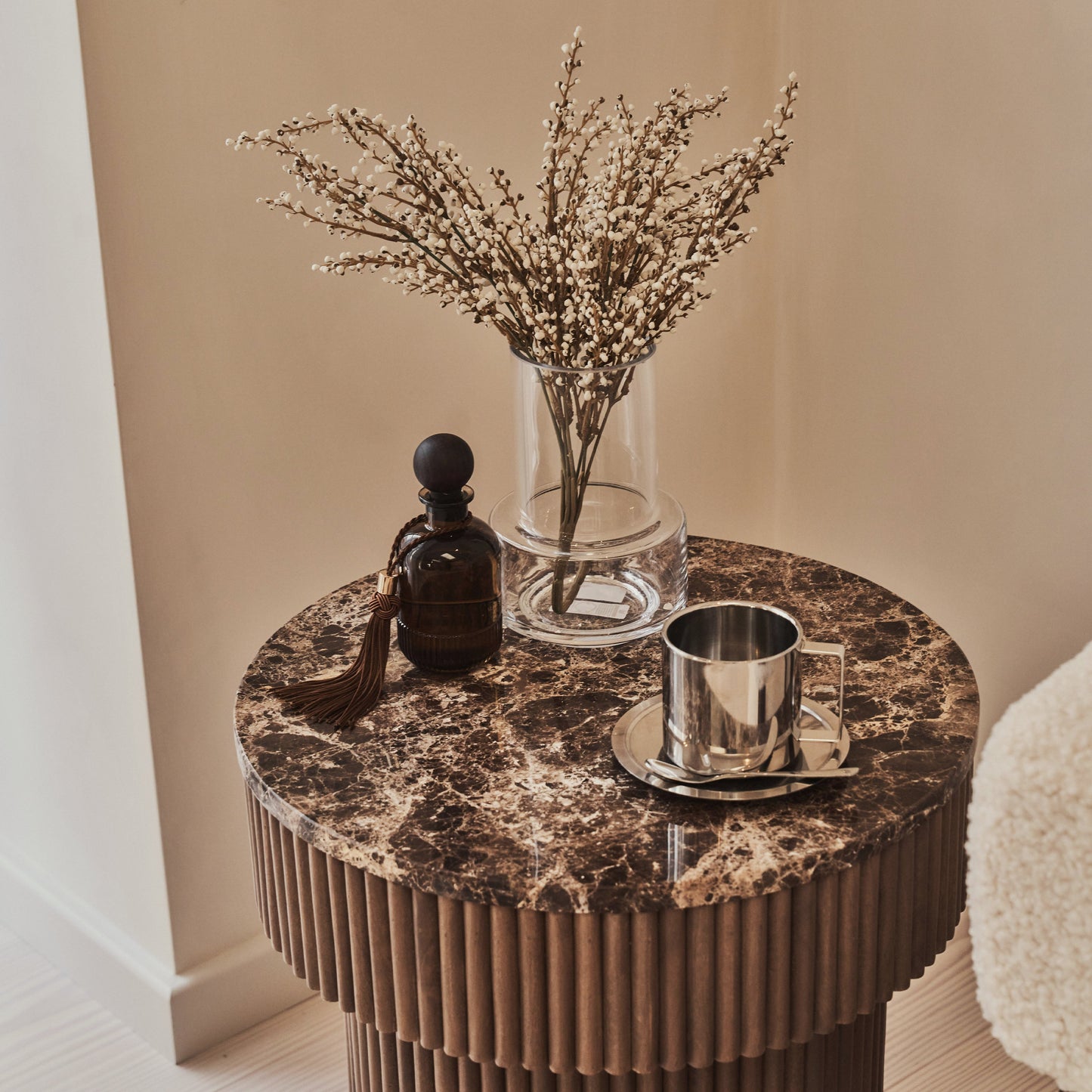 Sloane - Dark Emperador Marble Round Warm Wood Premium Side Table