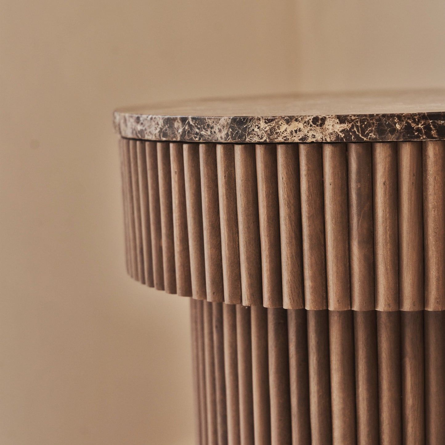 Sloane - Dark Emperador Marble Round Warm Wood Premium Side Table