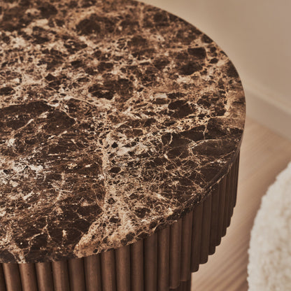 Sloane - Dark Emperador Marble Round Warm Wood Premium Side Table