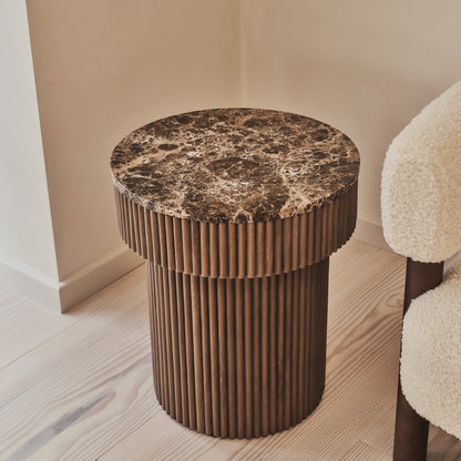 Sloane - Dark Emperador Marble Round Warm Wood Premium Side Table