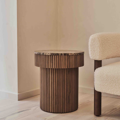 Sloane - Dark Emperador Marble Round Warm Wood Premium Side Table