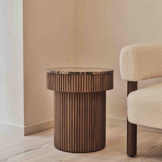 Sloane - Dark Emperador Marble Round Warm Wood Premium Side Table