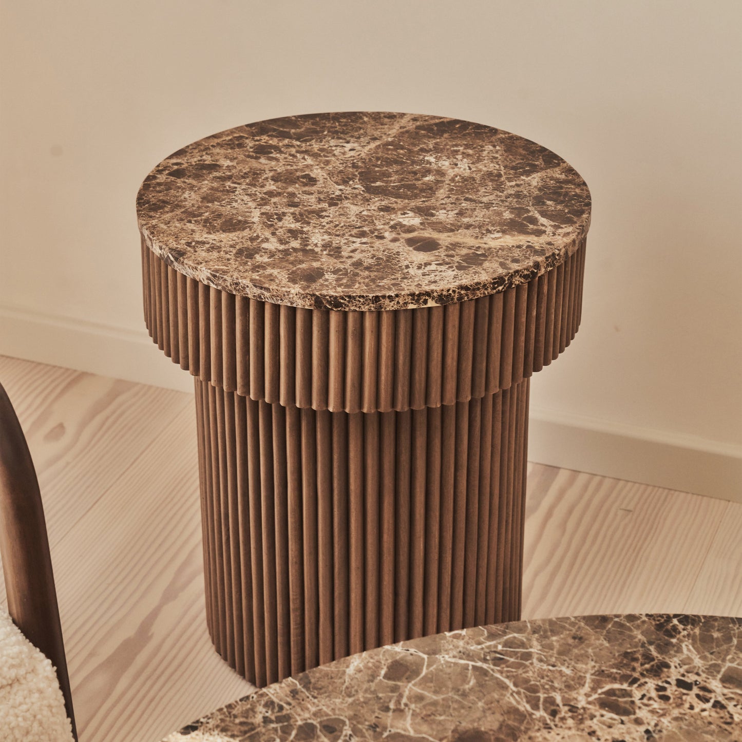 Sloane - Dark Emperador Marble Round Warm Wood Premium Side Table