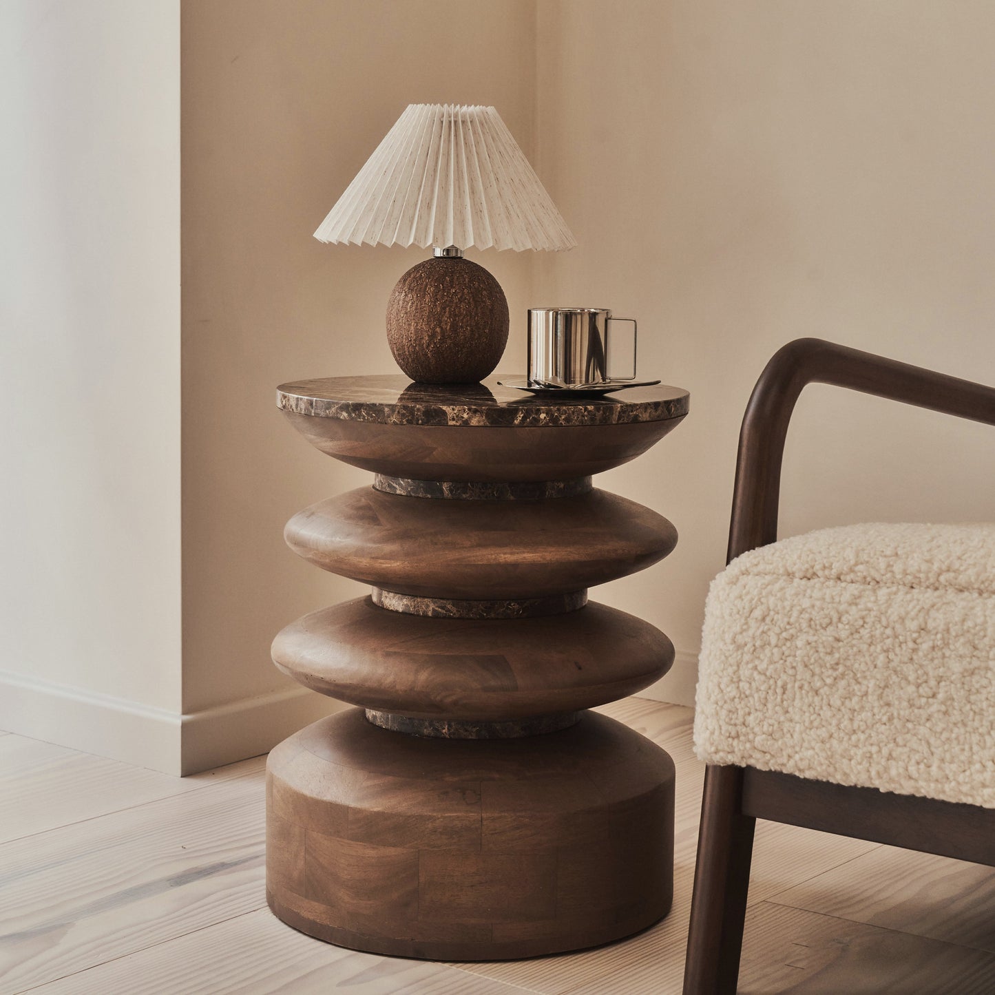 Orinthia - Dark Emperador Marble Round Dark Wood Premium Side Table