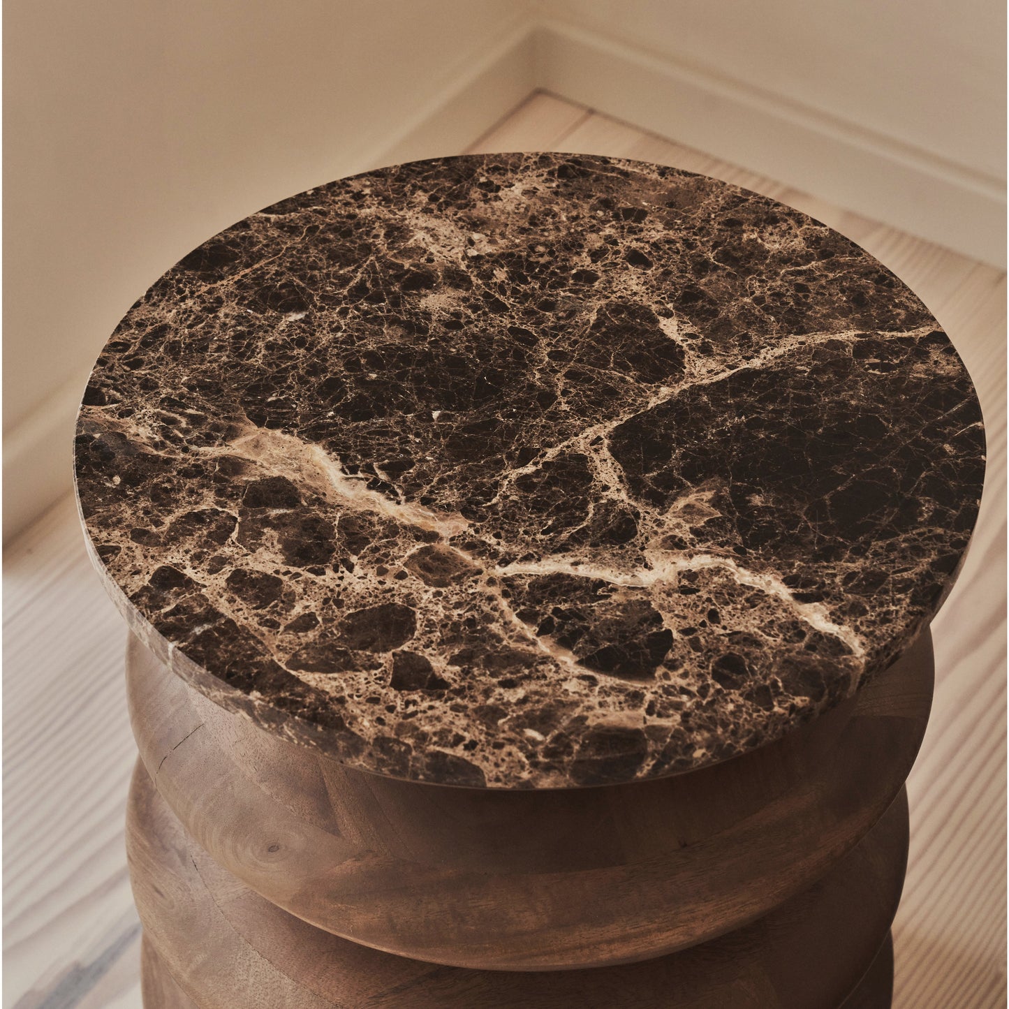 Orinthia - Dark Emperador Marble Round Dark Wood Premium Side Table