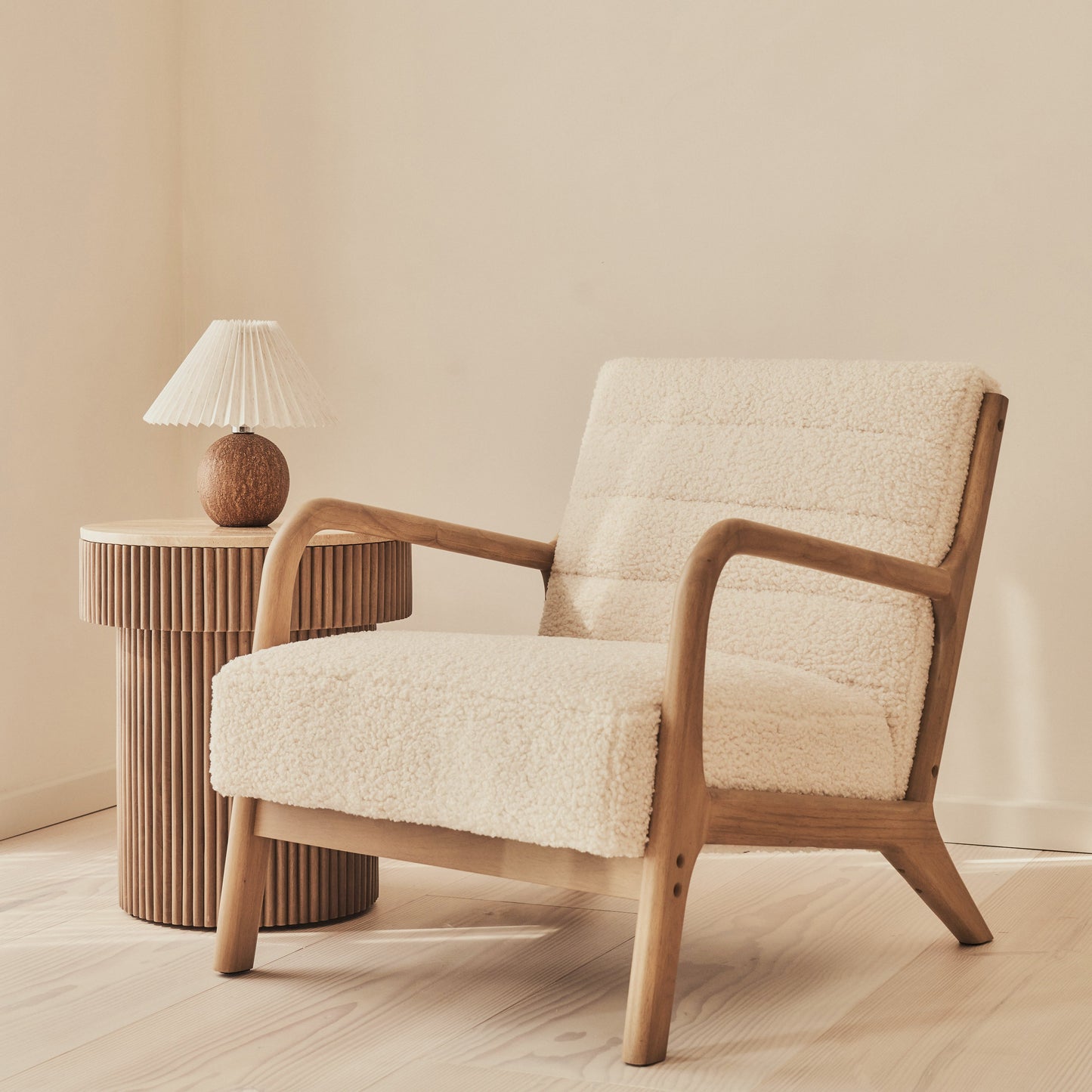 Hudson - Boucle Accent Chair Ivory & Warm Wood