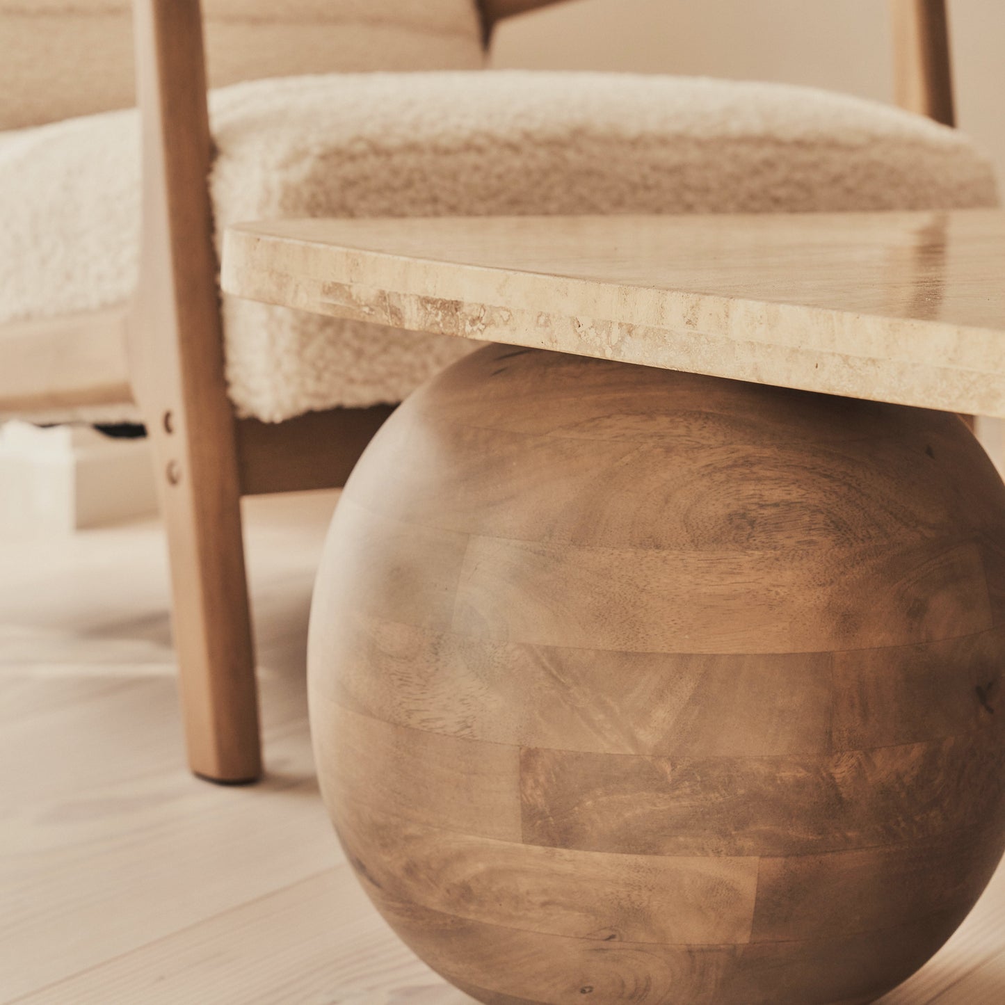 Melrose - Beige Travertine Rectangular Warm Wood Premium Coffee Table