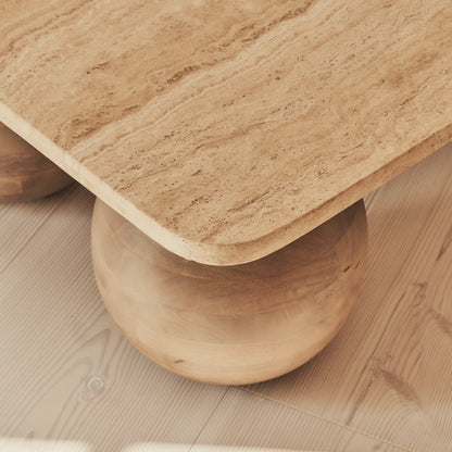 Melrose - Beige Travertine Rectangular Warm Wood Premium Coffee Table