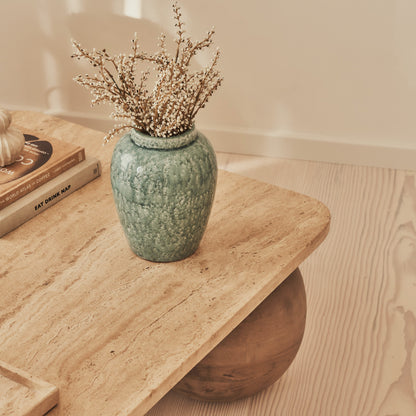 Melrose - Beige Travertine Rectangular Warm Wood Premium Coffee Table