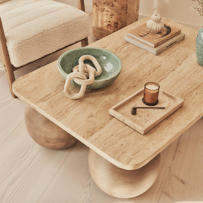 Melrose - Beige Travertine Rectangular Warm Wood Premium Coffee Table