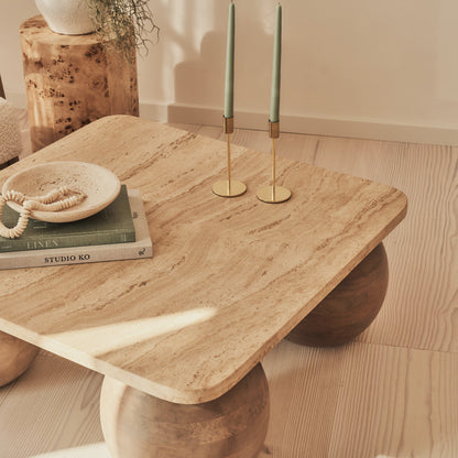 Melrose - Beige Travertine Square Warm Wood Premium Coffee Table