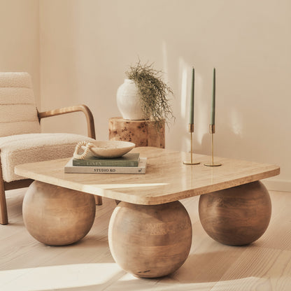 Melrose - Beige Travertine Square Warm Wood Premium Coffee Table