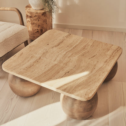 Melrose - Beige Travertine Square Warm Wood Premium Coffee Table