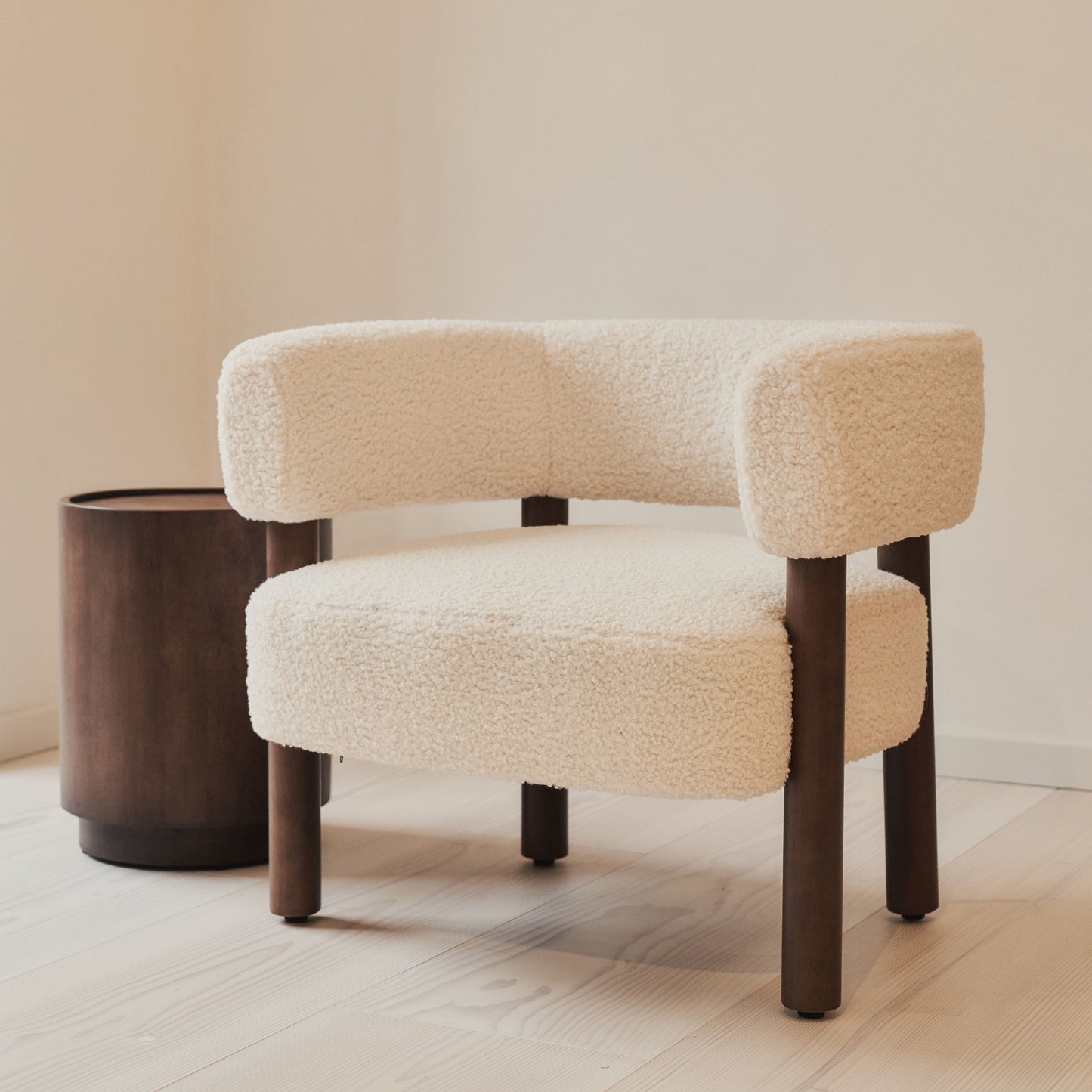 Cara - Boucle Accent Chair Ivory & Dark Wood