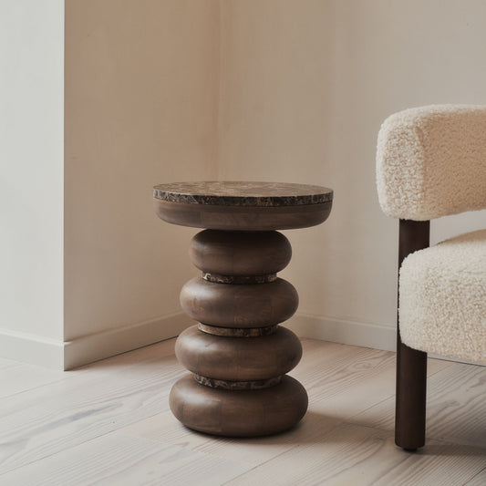 Belgravia - Dark Emperador Marble Round Dark Wood Premium Side Table
