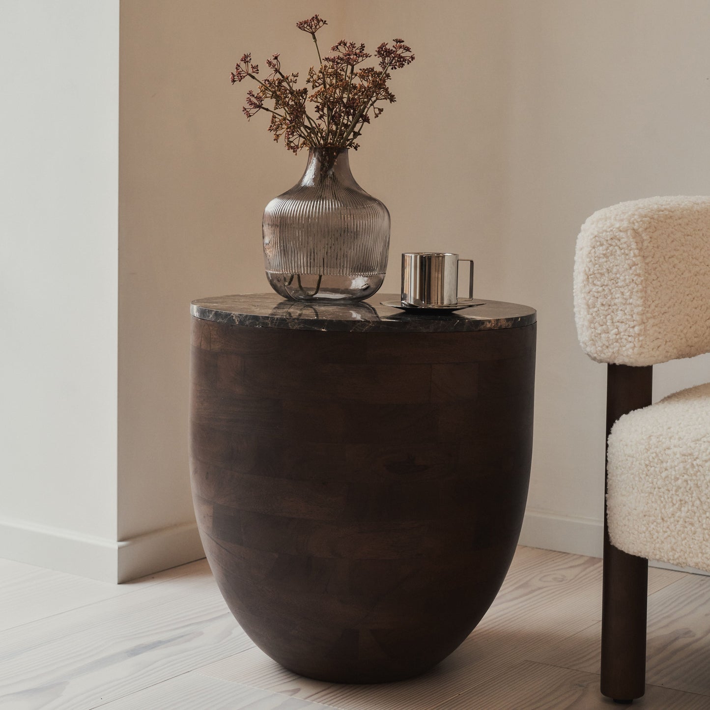 Lyra - Dark Emperador Marble Round Dark Wood Premium Side Table