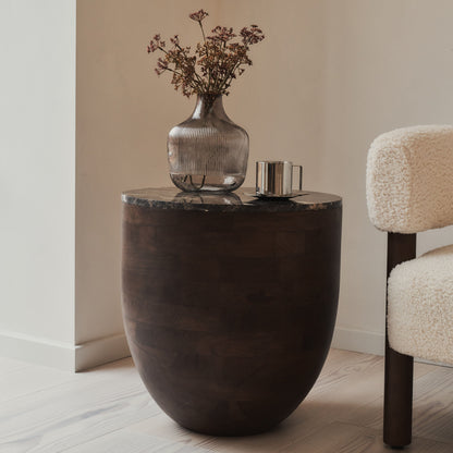 Lyra - Dark Emperador Marble Round Dark Wood Premium Side Table
