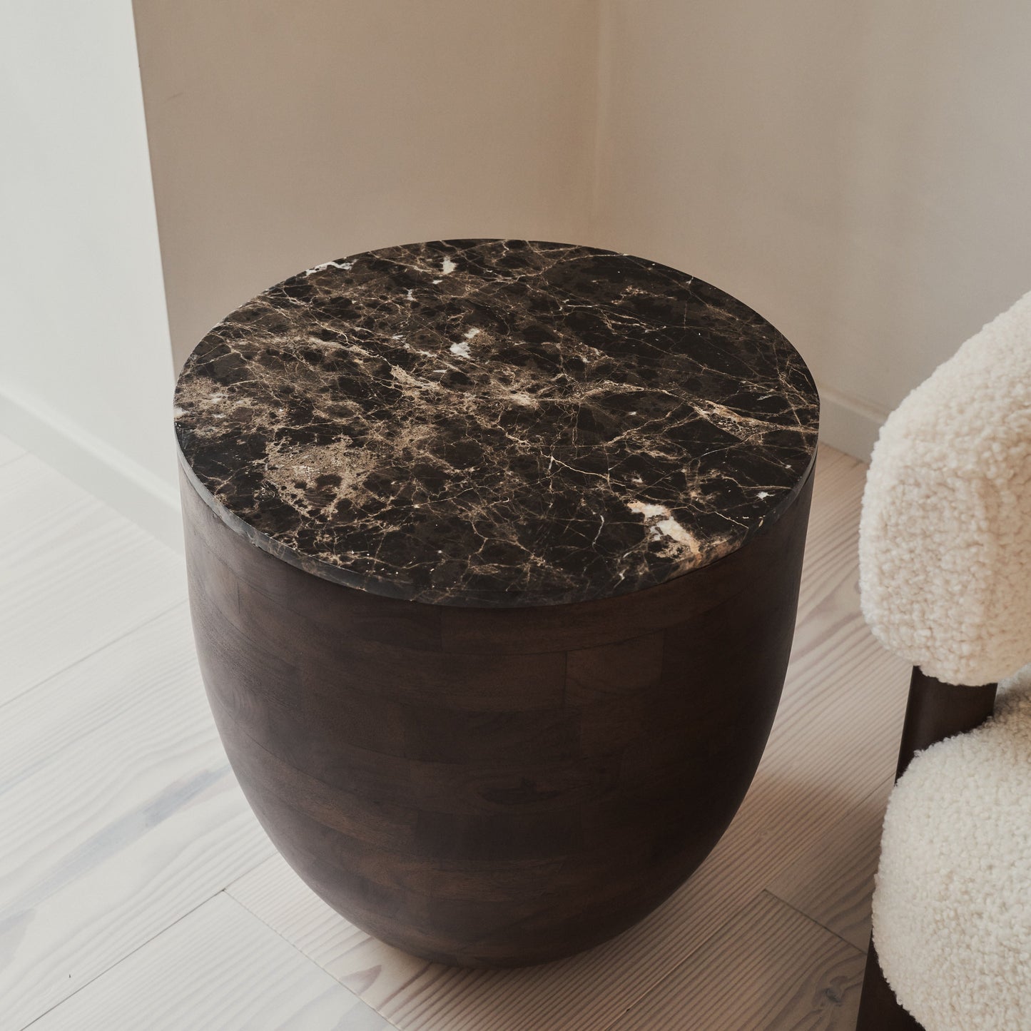 Lyra - Dark Emperador Marble Round Dark Wood Premium Side Table