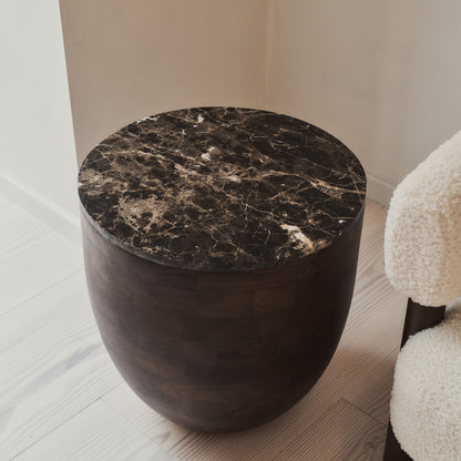 Lyra - Dark Emperador Marble Round Dark Wood Premium Side Table