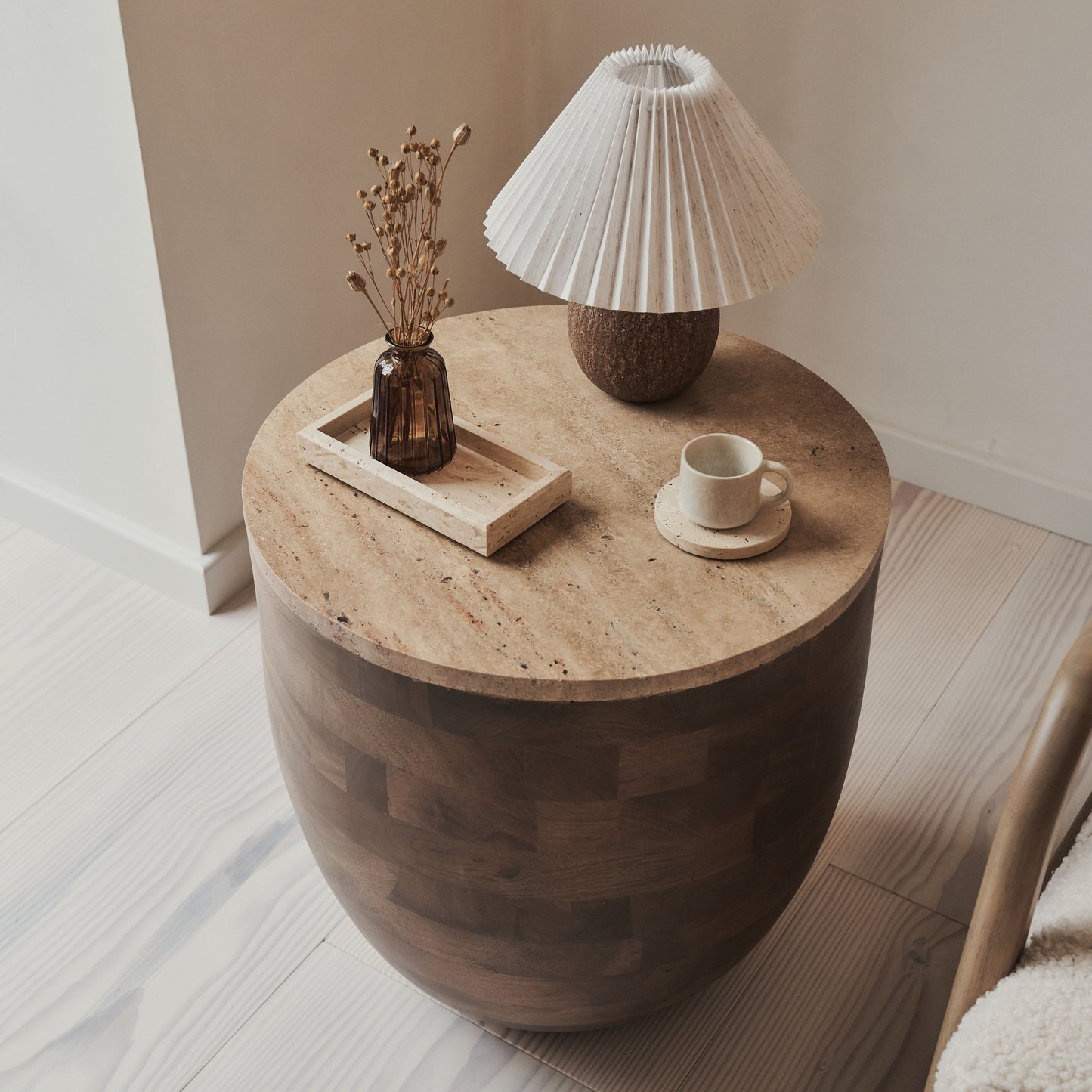 Lyra - Beige Travertine Round Warm Wood Premium Side Table